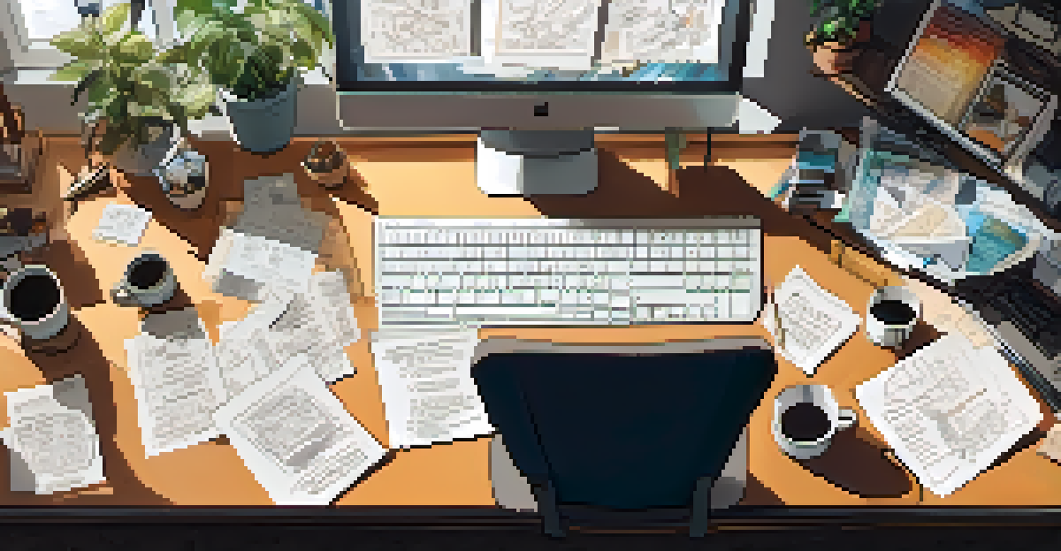 An overhead view of a director's workspace with storyboards, sketches, and script notes.