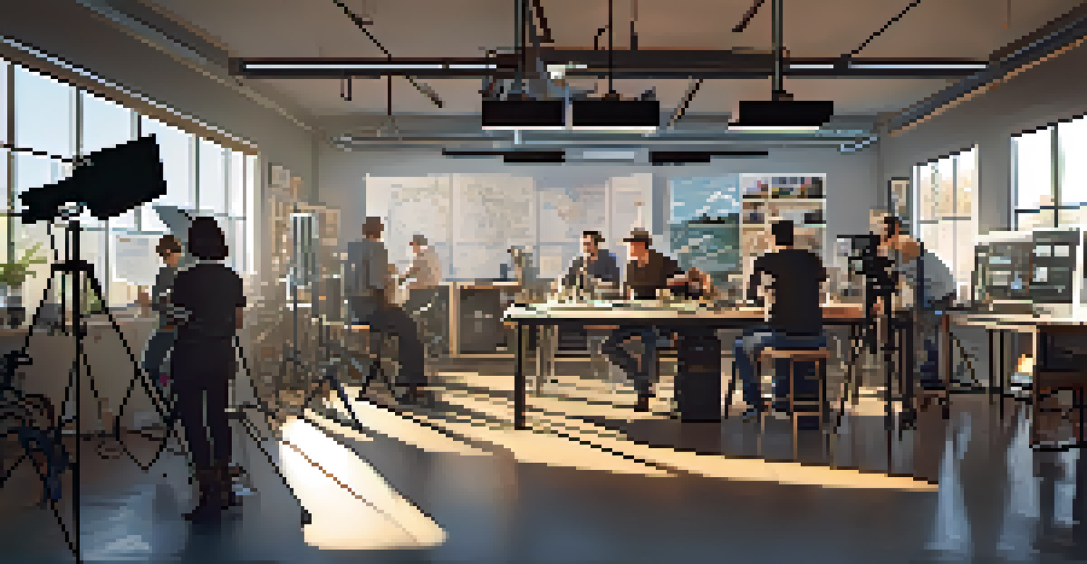A dynamic workspace for filmmakers with production equipment and a diverse group collaborating on ideas and scripts.