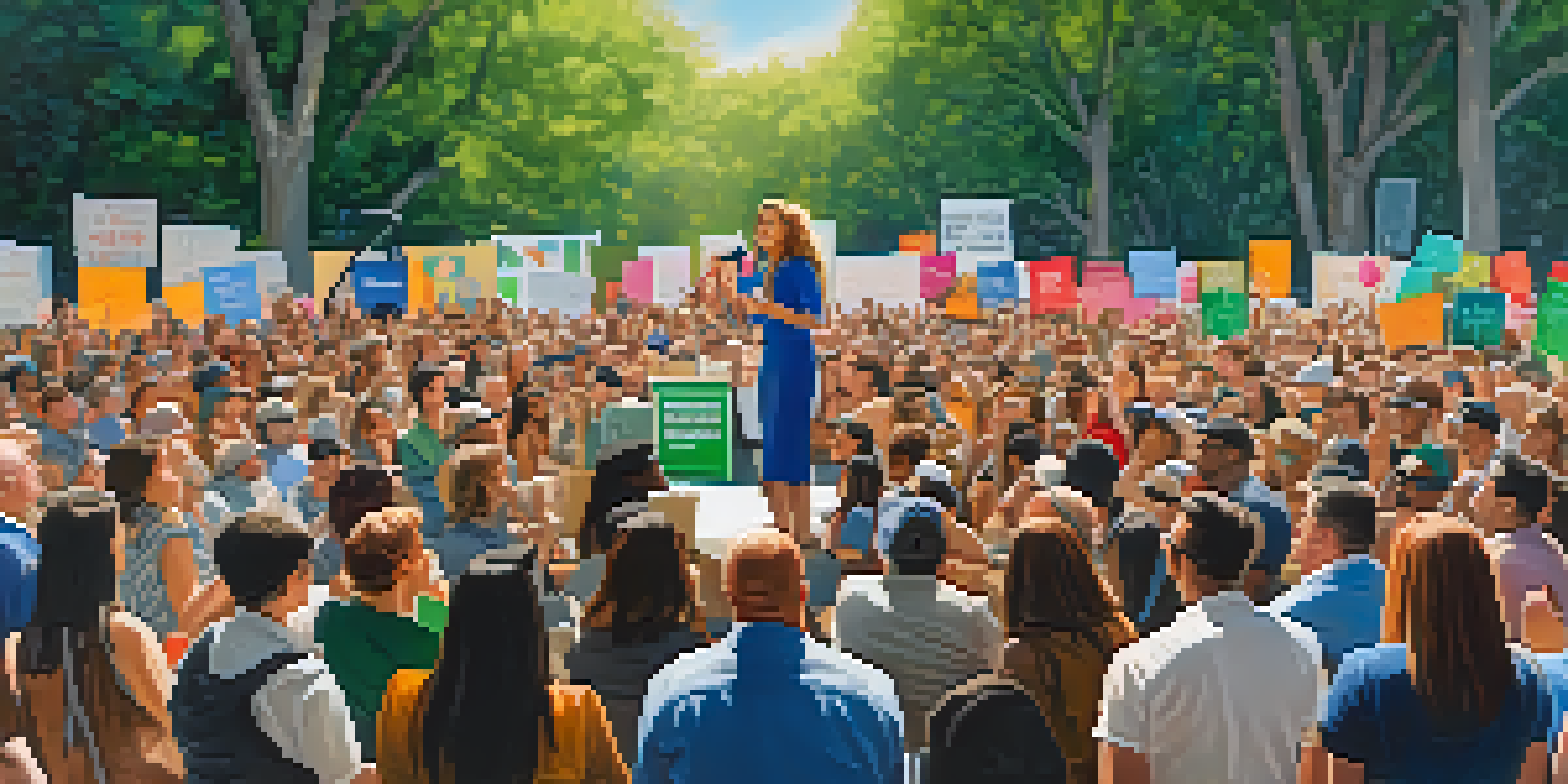 A celebrity activist speaking at a climate rally with a diverse crowd holding signs in a sunny outdoor setting.