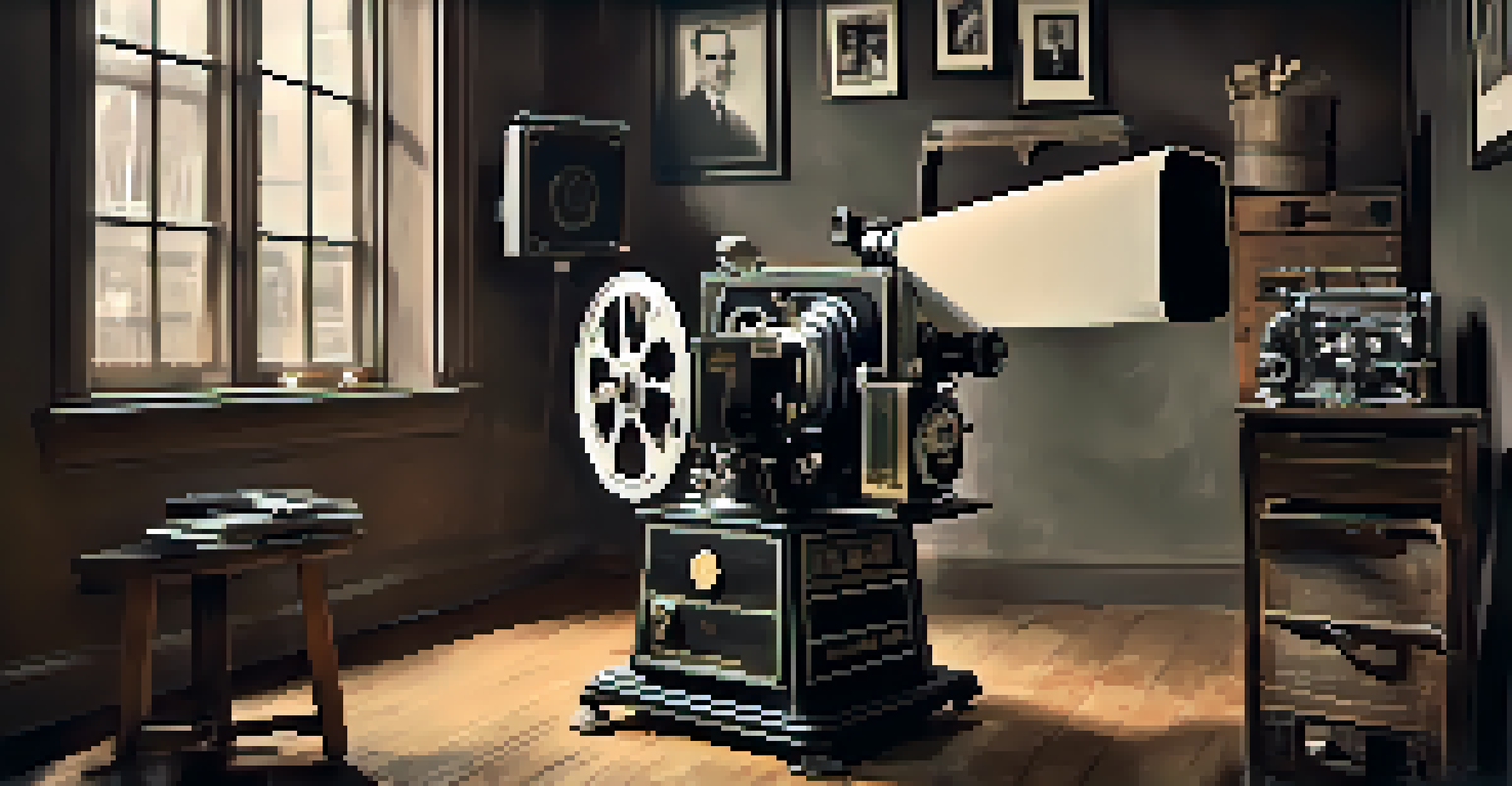 An artistic representation of a filmmakers' workshop featuring an old film projector, vintage film reels, and a warm, nostalgic ambiance.