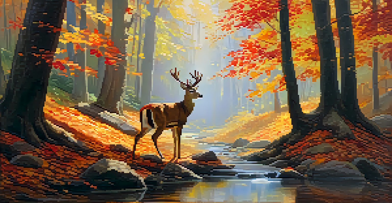 A picturesque autumn forest with colorful leaves, sunlight streaming through trees, and a deer by a gently flowing stream.