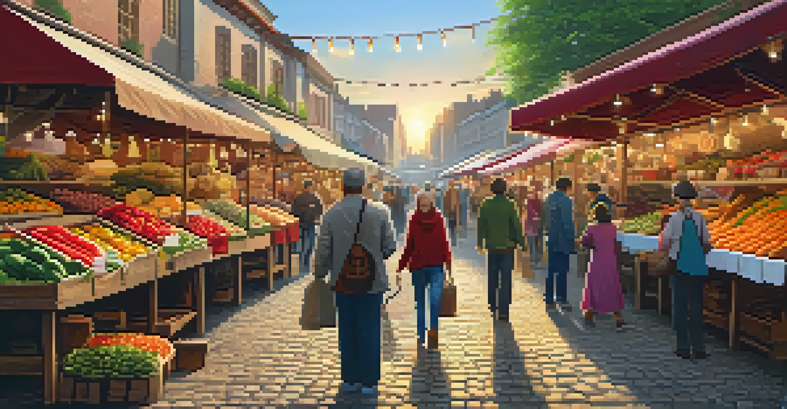 A lively street market with stalls of fresh produce and crafts, filled with people.