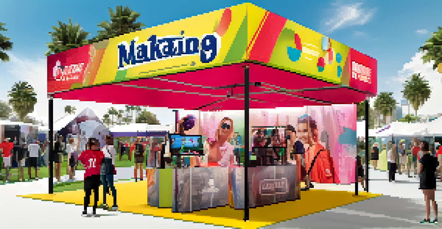 Fans enjoying an interactive marketing booth at a sports event, with virtual reality experiences and a celebrity guest.