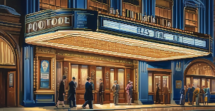 A vintage cinema scene from the 1920s with a marquee displaying a political film and elegantly dressed patrons entering.