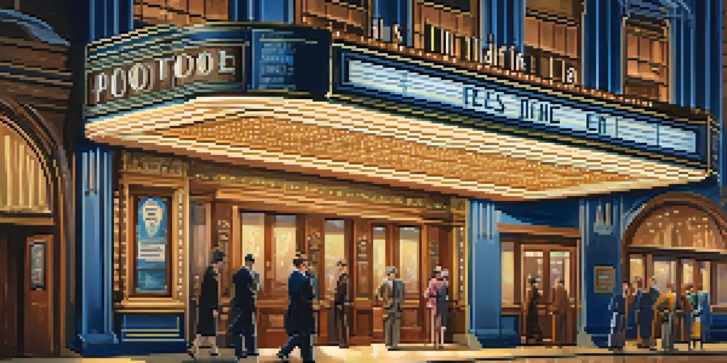 A vintage cinema scene from the 1920s with a marquee displaying a political film and elegantly dressed patrons entering.