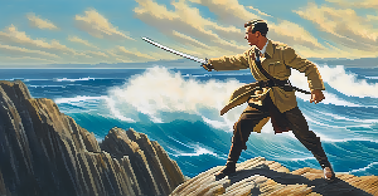 A vibrant action scene featuring a heroic figure on a cliff with ocean waves, dressed in a classic 1930s adventure outfit.