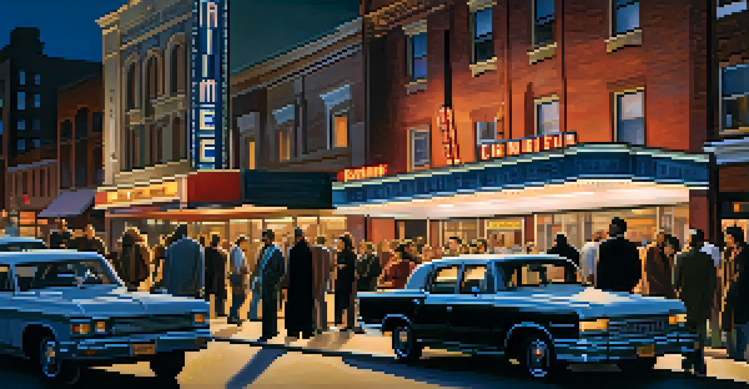 A diverse group of people conversing on an urban street at dusk, with a movie theater marquee displaying a crime film title in the background.