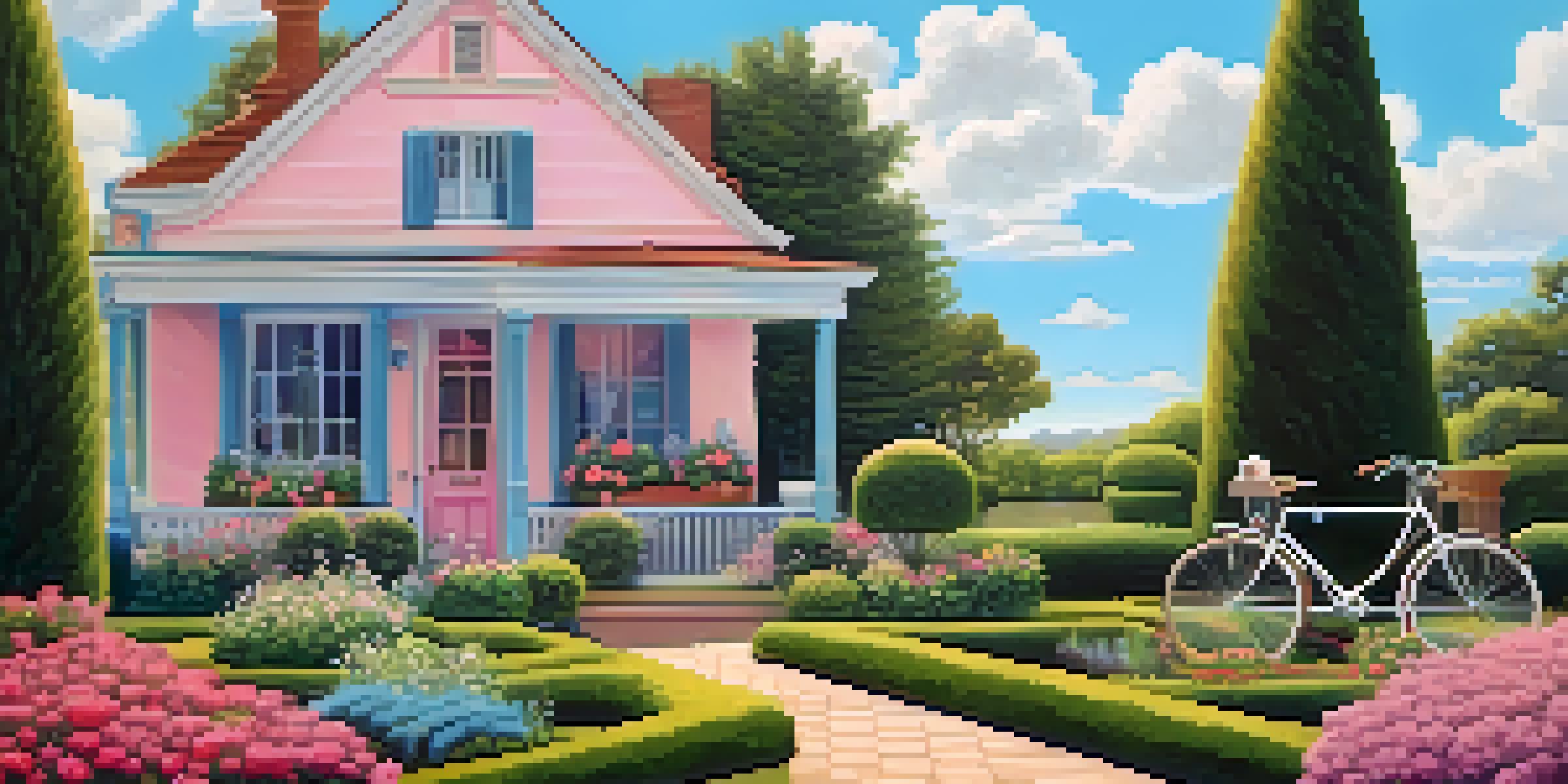 A symmetrical garden with colorful flowers and a vintage bicycle, under a bright blue sky with fluffy clouds.