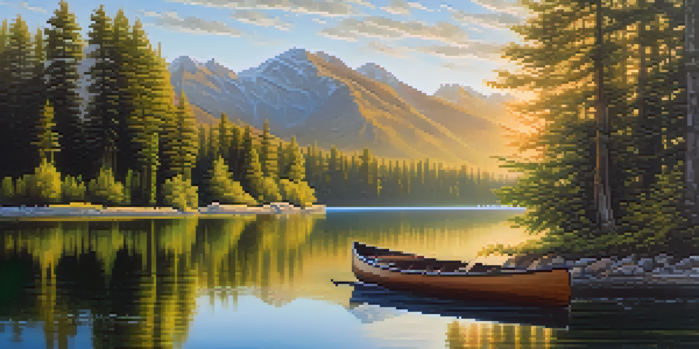 A tranquil lake surrounded by mountains at sunrise with a canoe on the water.