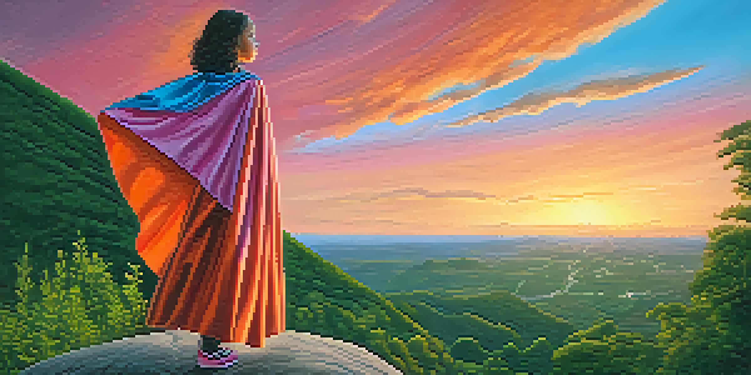A young girl in a superhero costume standing on a hill at sunset, representing empowerment and courage.
