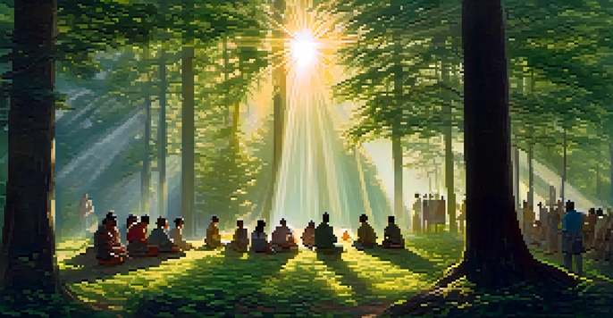 A diverse group of people gathered in a forest clearing at dawn, discussing faith, surrounded by tall trees and sunlight filtering through leaves.
