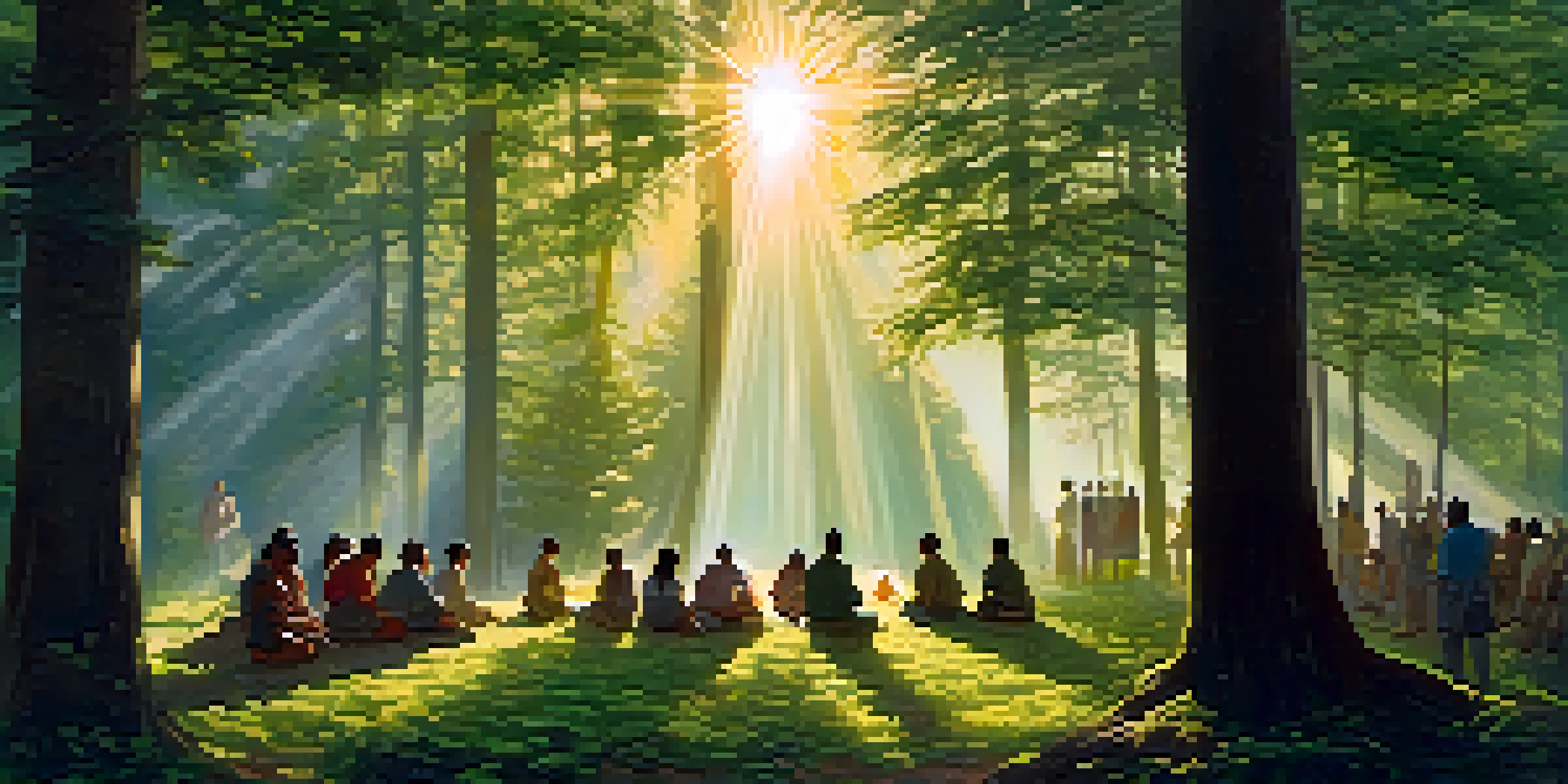 A diverse group of people gathered in a forest clearing at dawn, discussing faith, surrounded by tall trees and sunlight filtering through leaves.