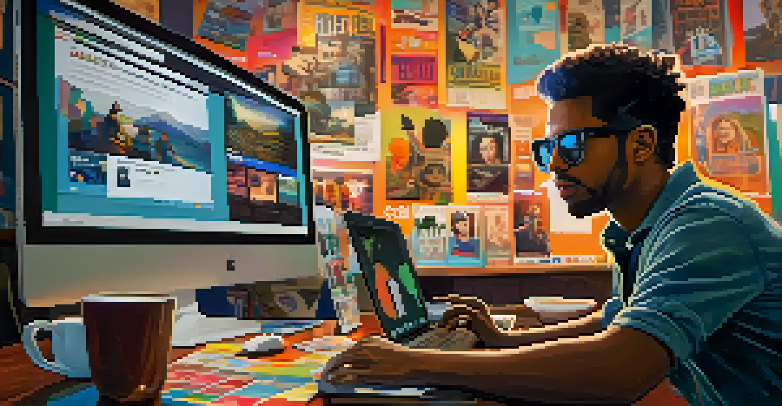 A filmmaker at a desk promoting their indie film on social media, surrounded by film posters and colorful graphics representing audience engagement.
