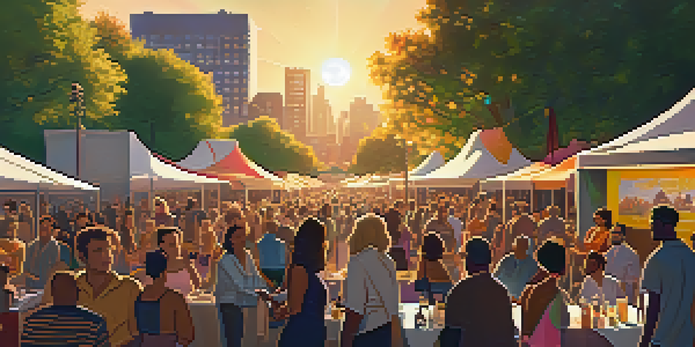 A lively film festival with a diverse crowd interacting, colorful banners, and a large screen showcasing a film, under a warm sunset.