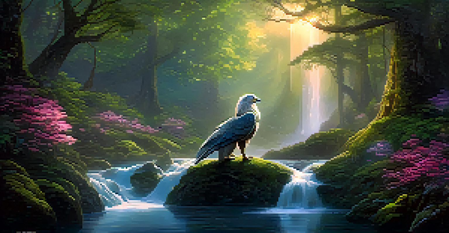 A magical forest with a griffin atop a rock, surrounded by glowing flowers and soft mist.