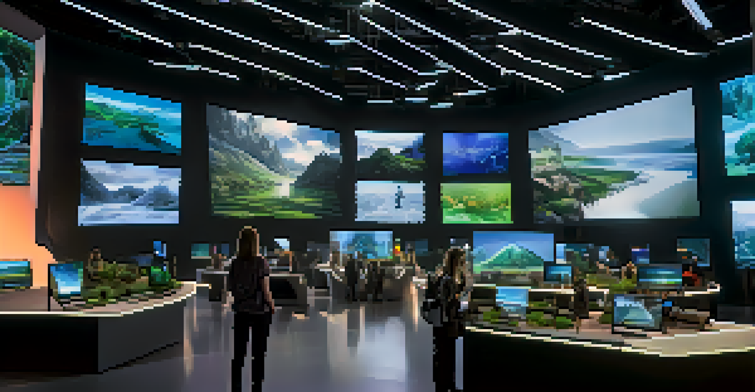 A film production set showcasing virtual technology and eco-friendly materials, with filmmakers using tablets and vibrant digital landscapes.