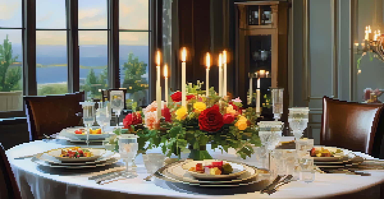 A beautifully set dining table for a festive meal with fine china, crystal glasses, a flower centerpiece, and flickering candles.