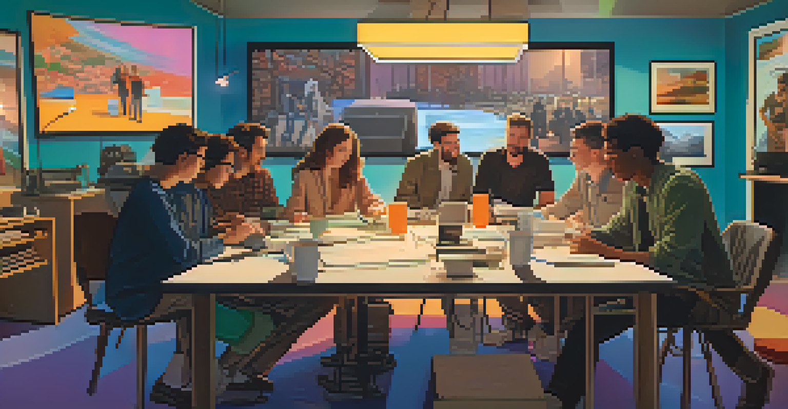 A film set with a team of filmmakers discussing budget plans at a table filled with documents and laptops, illuminated by warm golden hour light.