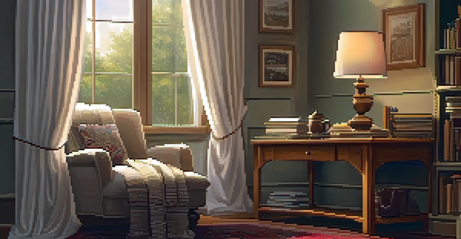 Cozy reading nook with an armchair, tea, and books by a window.
