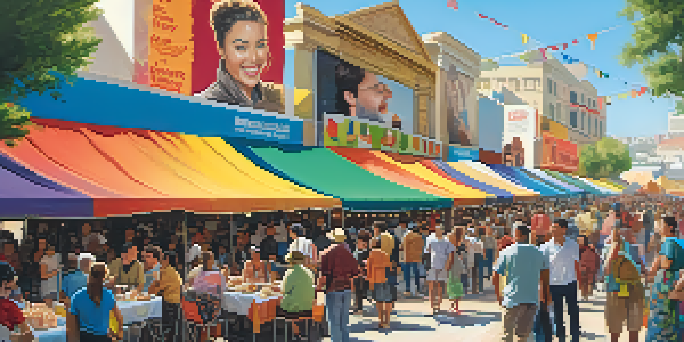 A lively street scene with diverse people enjoying a film festival, featuring colorful tents and movie posters under a clear blue sky.