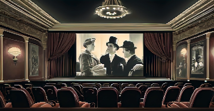 A vintage cinema scene with patrons watching a silent film, featuring ornate decor and ambient lighting.