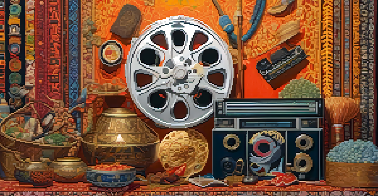 A film reel unraveling, surrounded by cultural symbols like clothing and instruments, set against a colorful background.