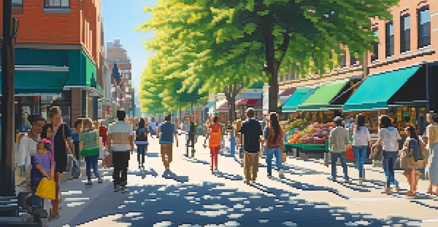 A lively city street filled with people and colorful shops under bright sunlight.