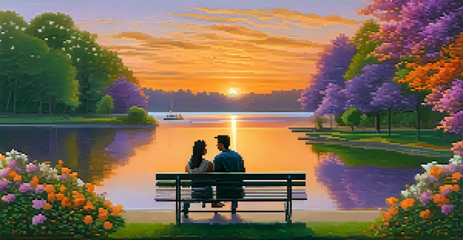 A peaceful park at sunset with a couple holding hands on a bench, surrounded by flowers and trees, embodying love and serenity.