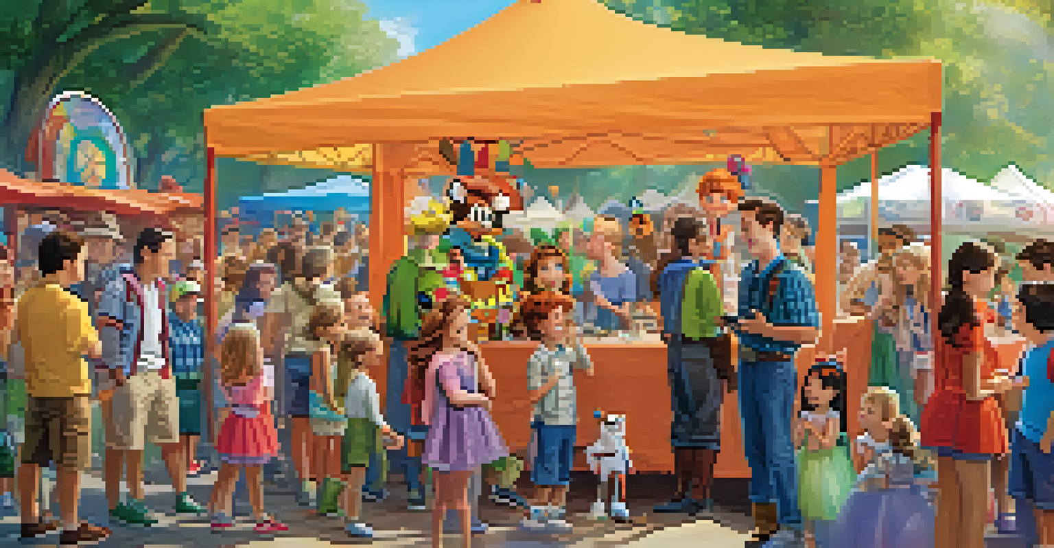 Families enjoying an outdoor event with a character meet-and-greet, children interacting with a costumed character.
