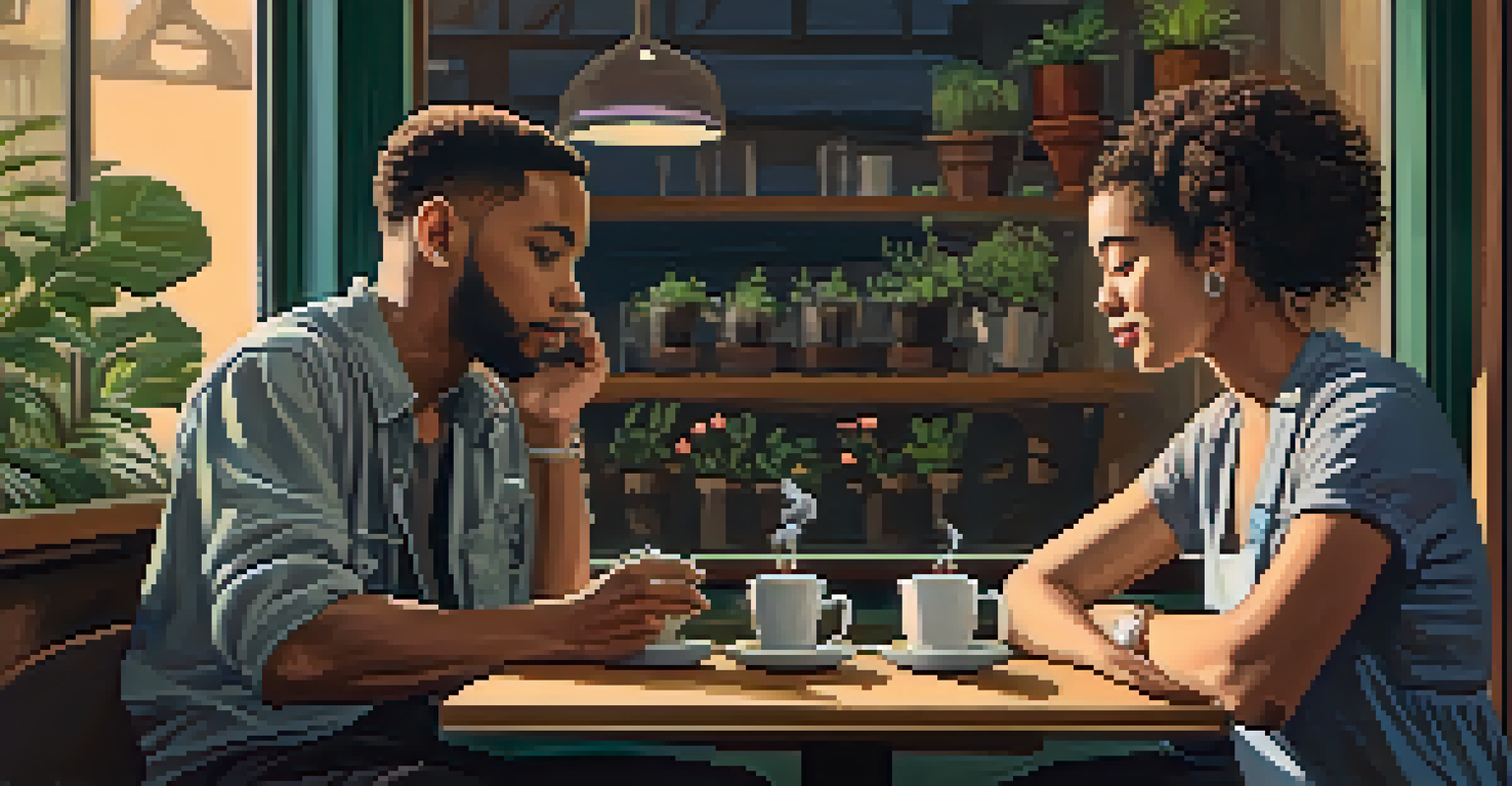 Inside a cozy coffee shop, a non-binary person and a transgender individual share a deep conversation over steaming mugs, surrounded by warm lighting and plants.