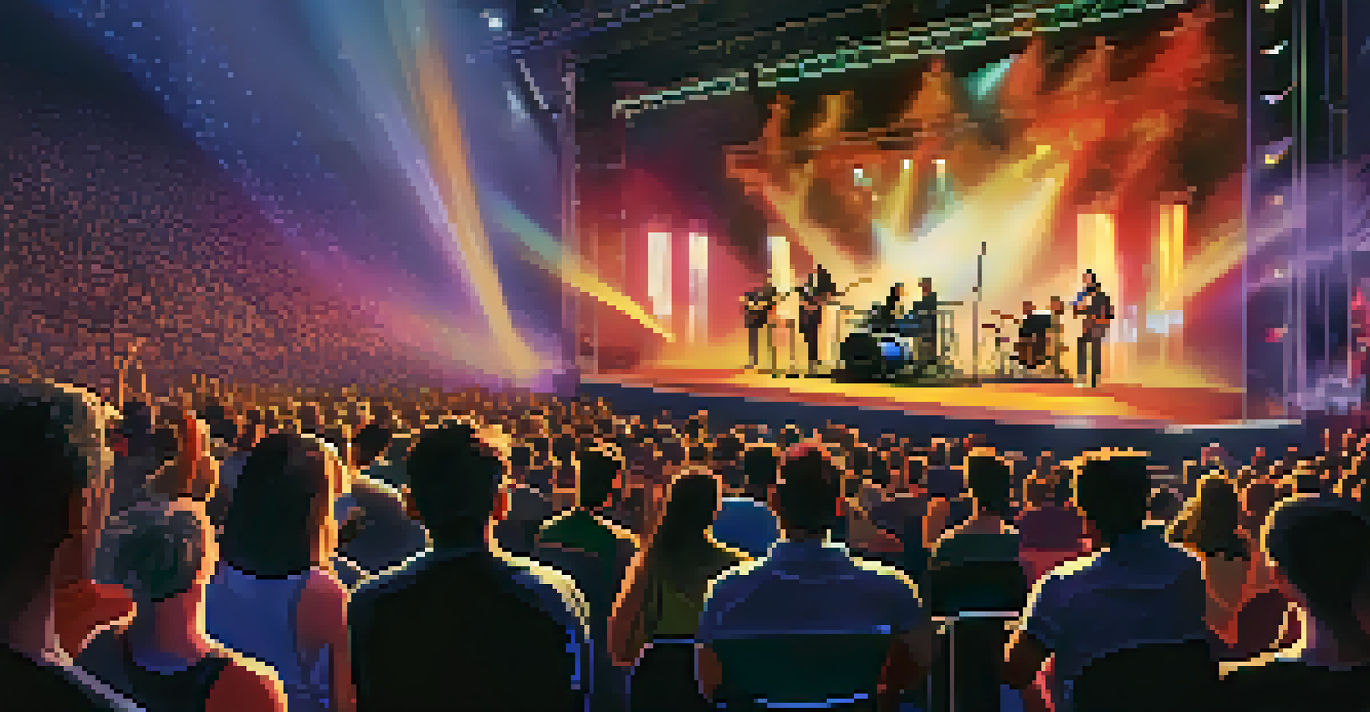 A virtual concert scene with an illuminated stage and an engaged audience watching on their devices.