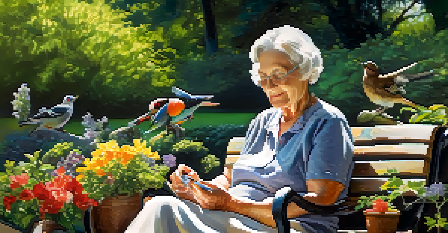 An elderly woman feeding birds in a vibrant garden filled with colorful flowers and sunlight.