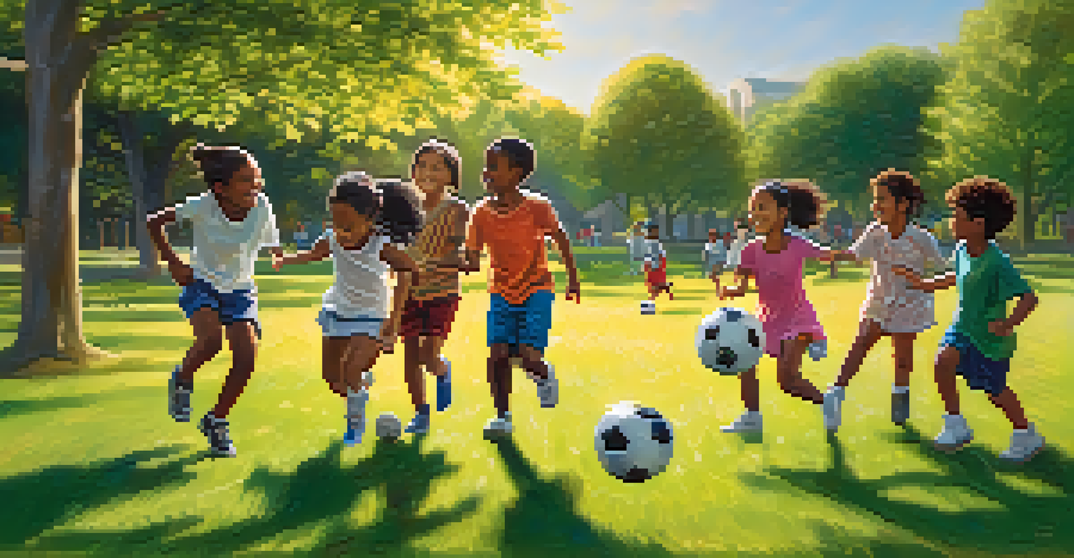 A diverse group of children playing soccer in a park, with a girl leading the game.