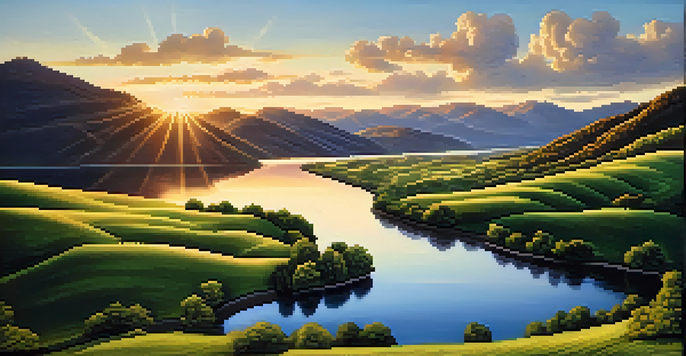 A scenic view of a winding river through green mountains at sunset, with a bright sky and fluffy clouds.