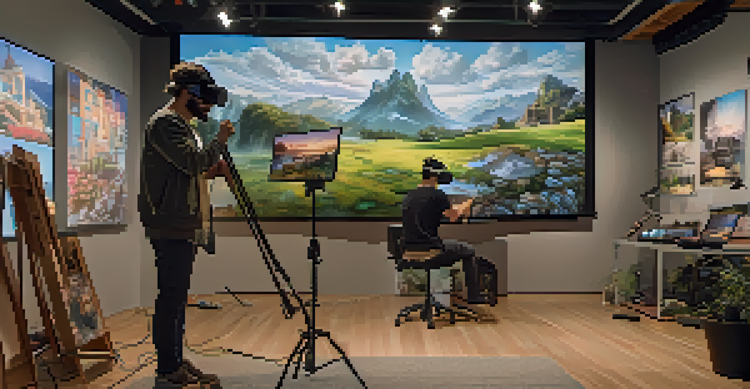 An artist in a studio wearing a VR headset, surrounded by digital artwork and sketches, interacting with a captivating virtual landscape displayed on a screen.