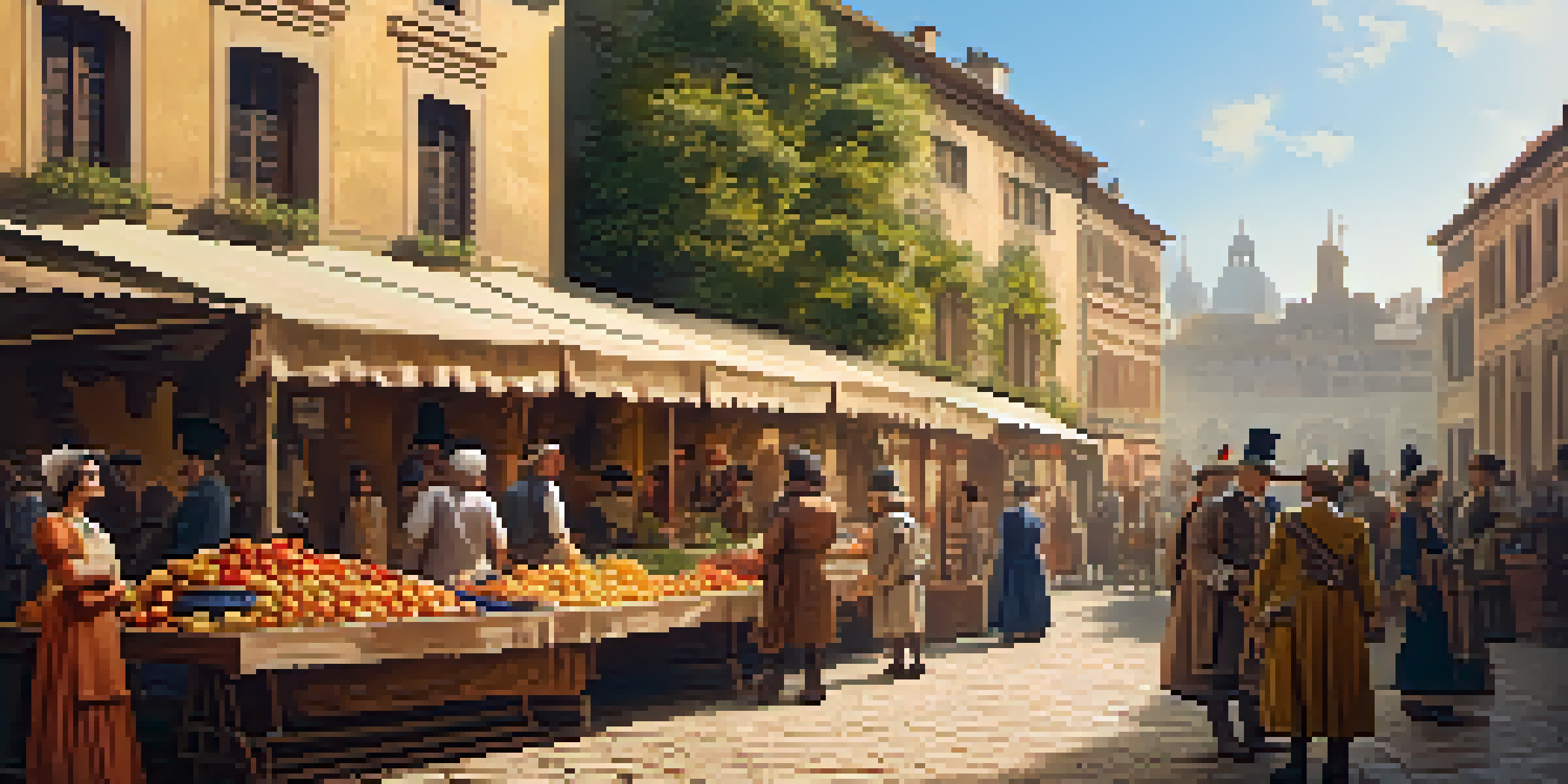 A historical film set showcasing an 18th-century marketplace with actors in period costumes amidst colorful stalls and warm sunlight.