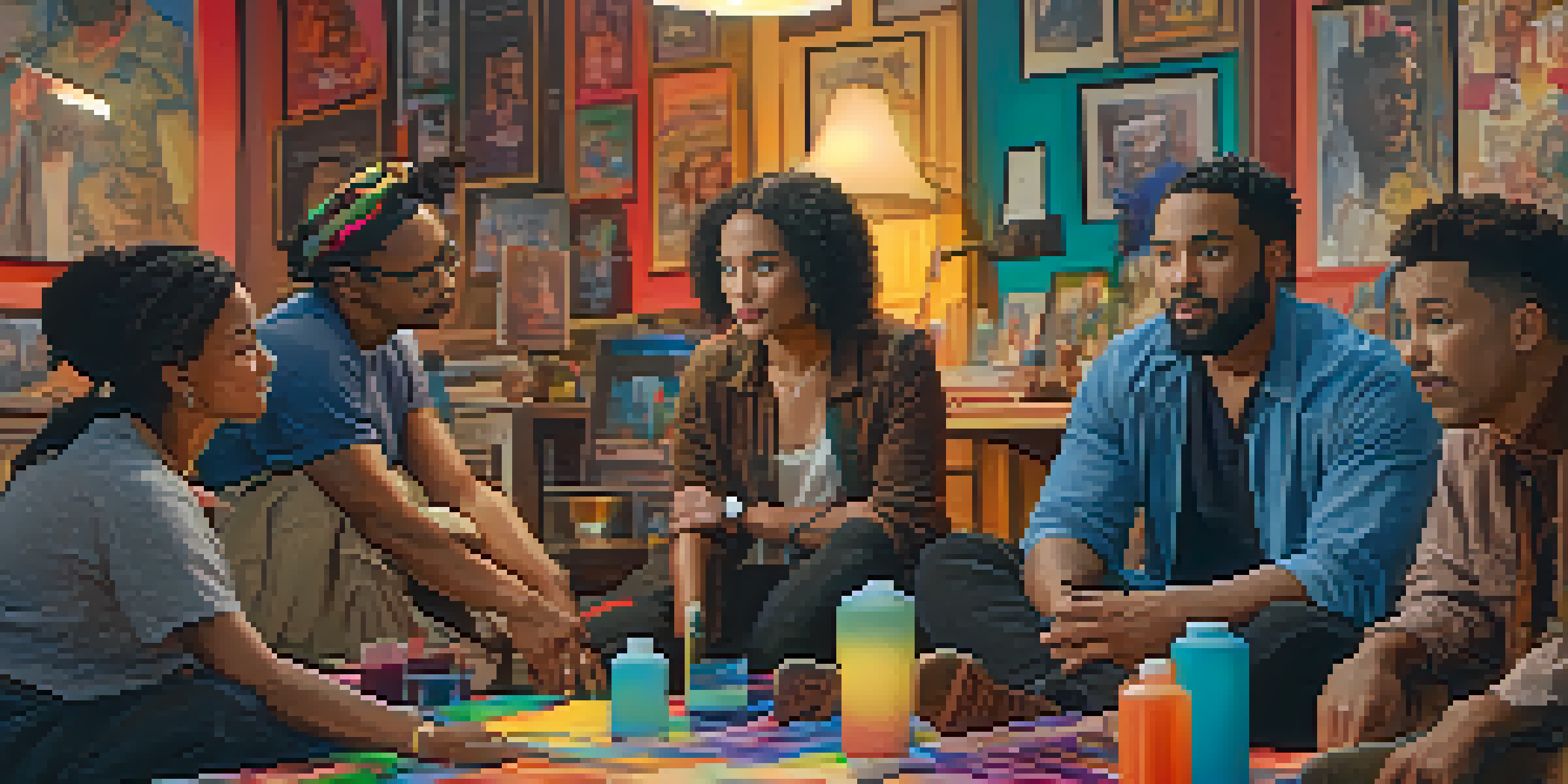 A diverse group of actors on a film set engaged in discussion, surrounded by colorful props and warm lighting.
