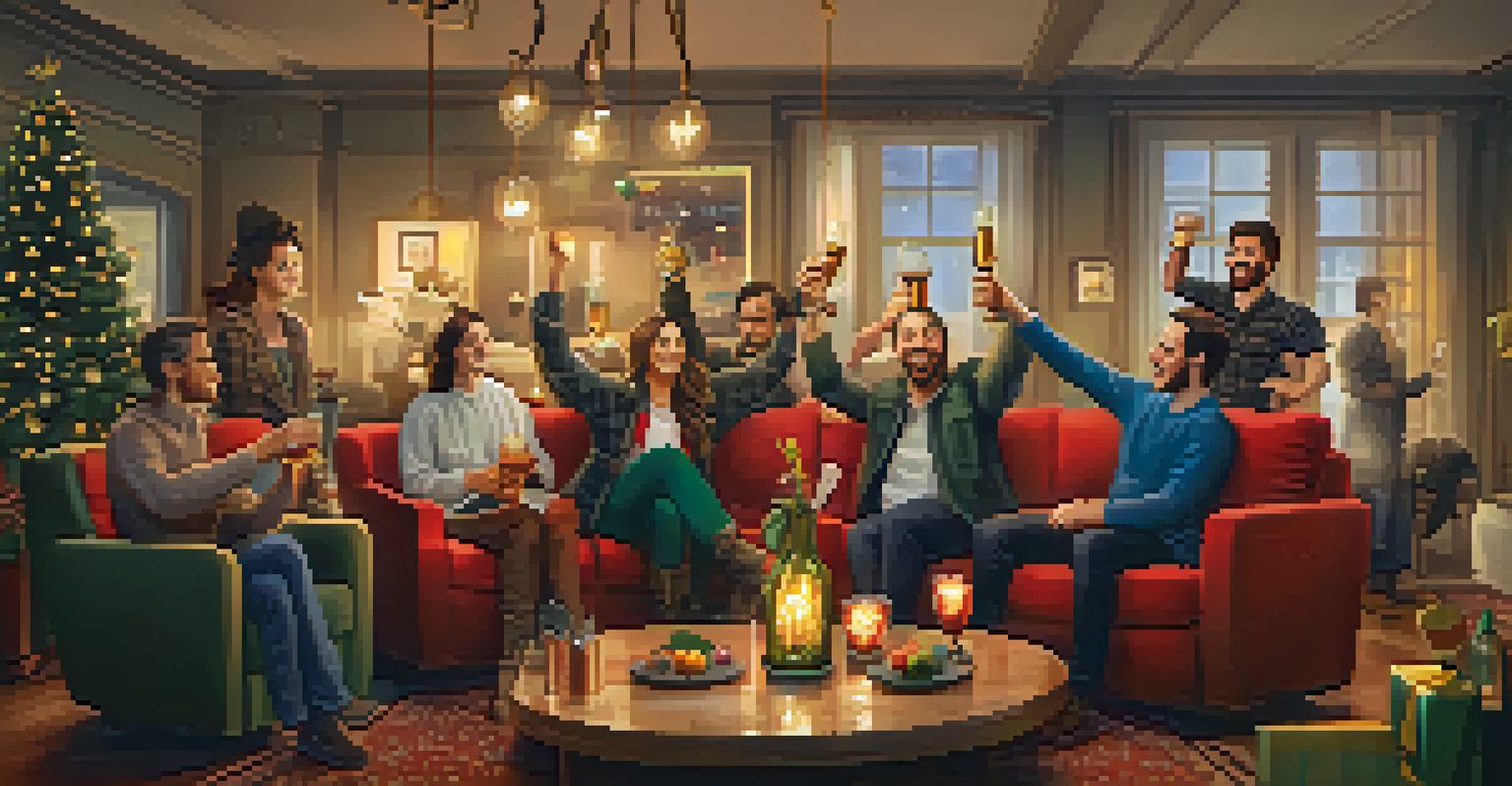 A creative team celebrating together in a lounge area, with the director raising a glass in a toast.