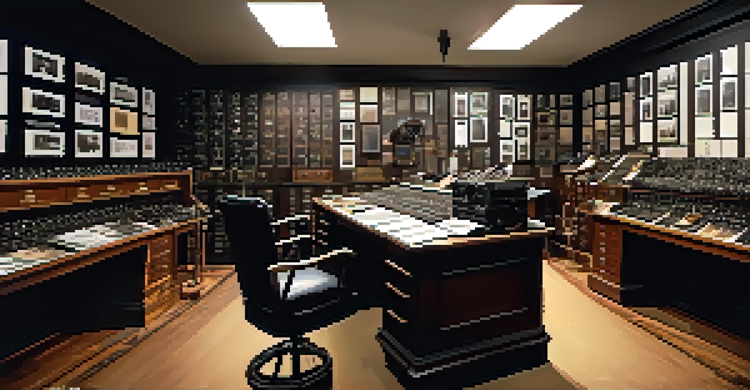 A vintage film editing room with wooden furniture, film reels, and soft lighting, showcasing an atmosphere of early cinema.