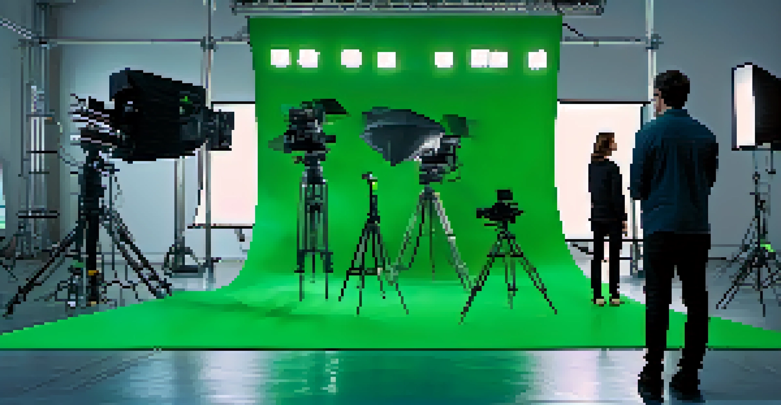 A modern film set with a director and crew working around a green screen, featuring high-tech cameras and vibrant CGI visuals.