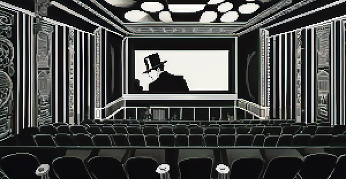 A vintage cinema from the 1920s with a diverse audience watching a black and white silent film, featuring dramatic shadows and art deco decor.