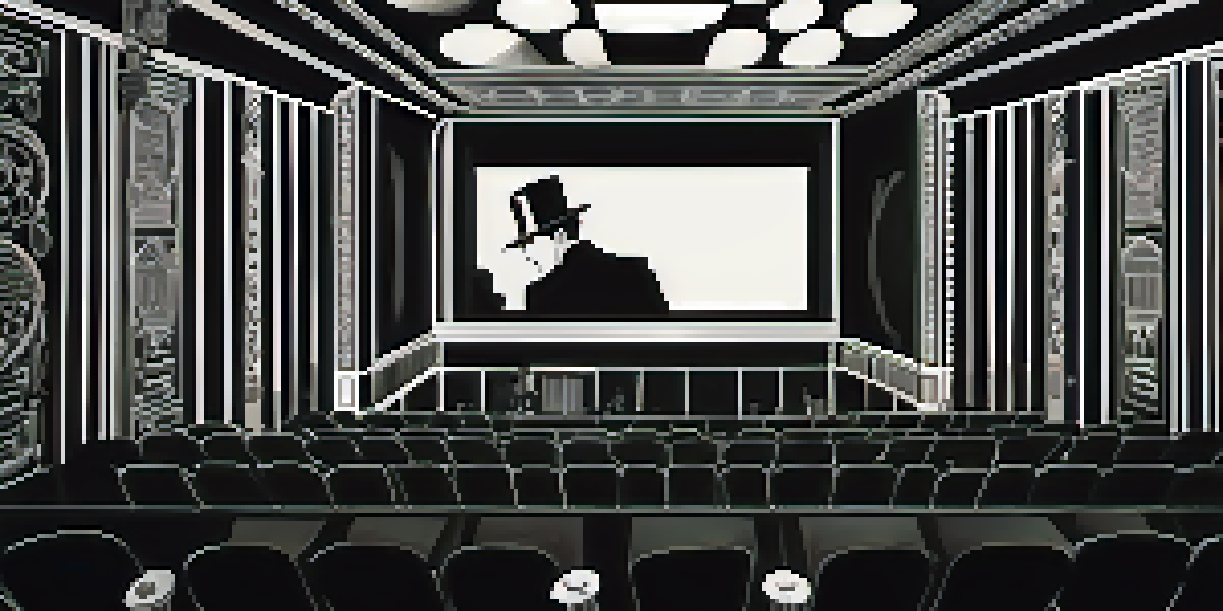 A vintage cinema from the 1920s with a diverse audience watching a black and white silent film, featuring dramatic shadows and art deco decor.