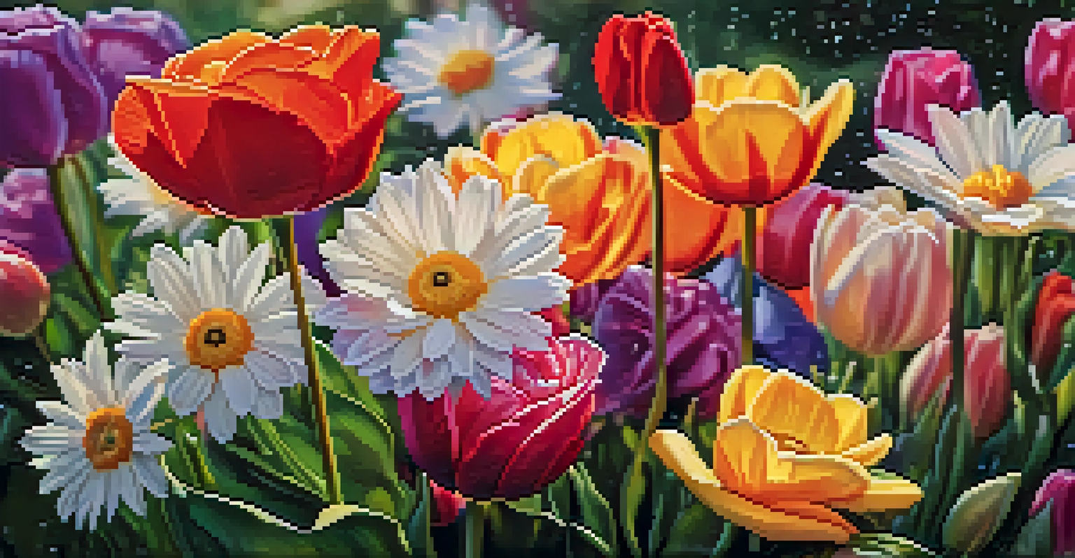 A close-up view of a vibrant flower garden with various blooming flowers and dew drops glistening in the sunlight.