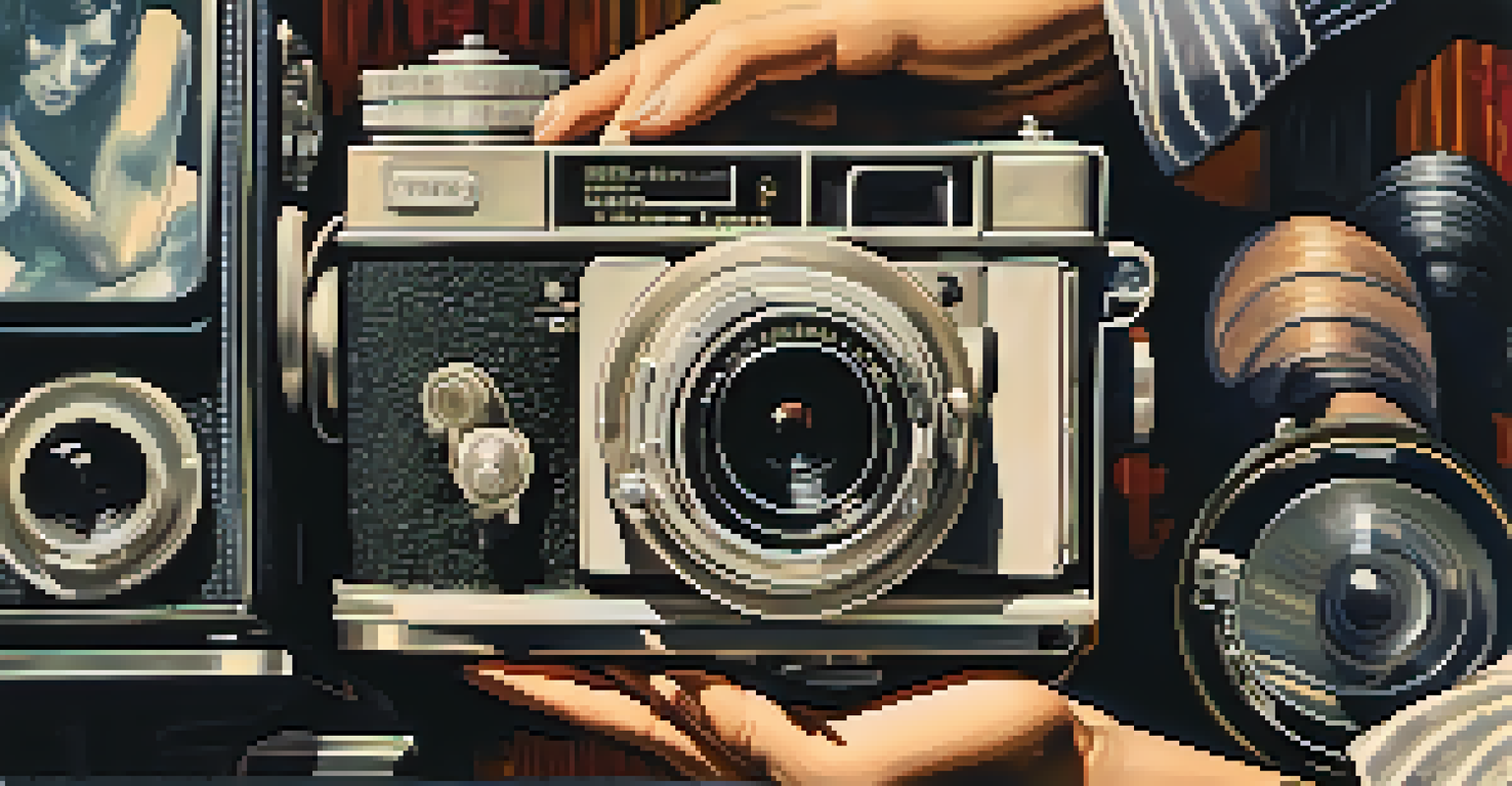 Close-up of a woman's hands holding a vintage film camera in a film studio filled with female-led movie posters.