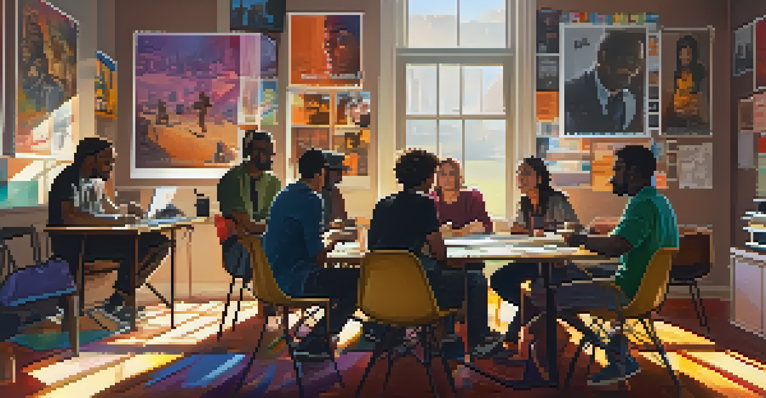A diverse group of filmmakers discussing a screenplay at a table, surrounded by colorful film posters and illuminated by sunlight, with laptops and notebooks in view.