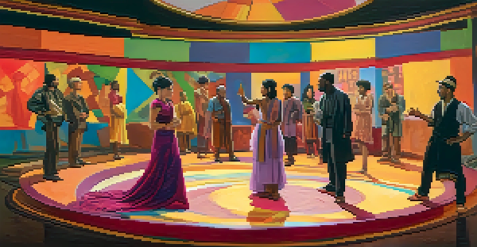 A diverse group of actors rehearsing on a colorful film set, surrounded by cultural set designs.