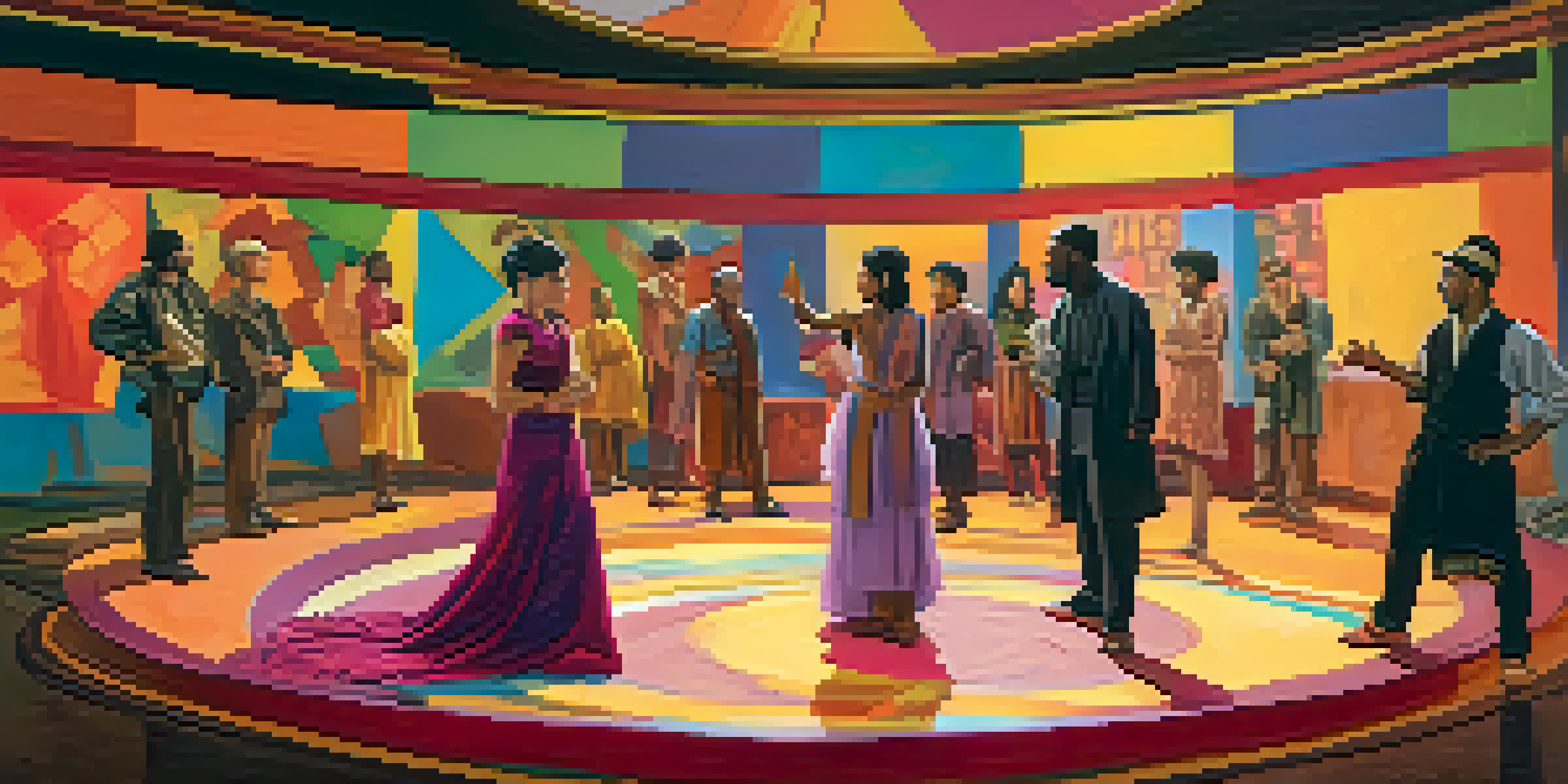 A diverse group of actors rehearsing on a colorful film set, surrounded by cultural set designs.