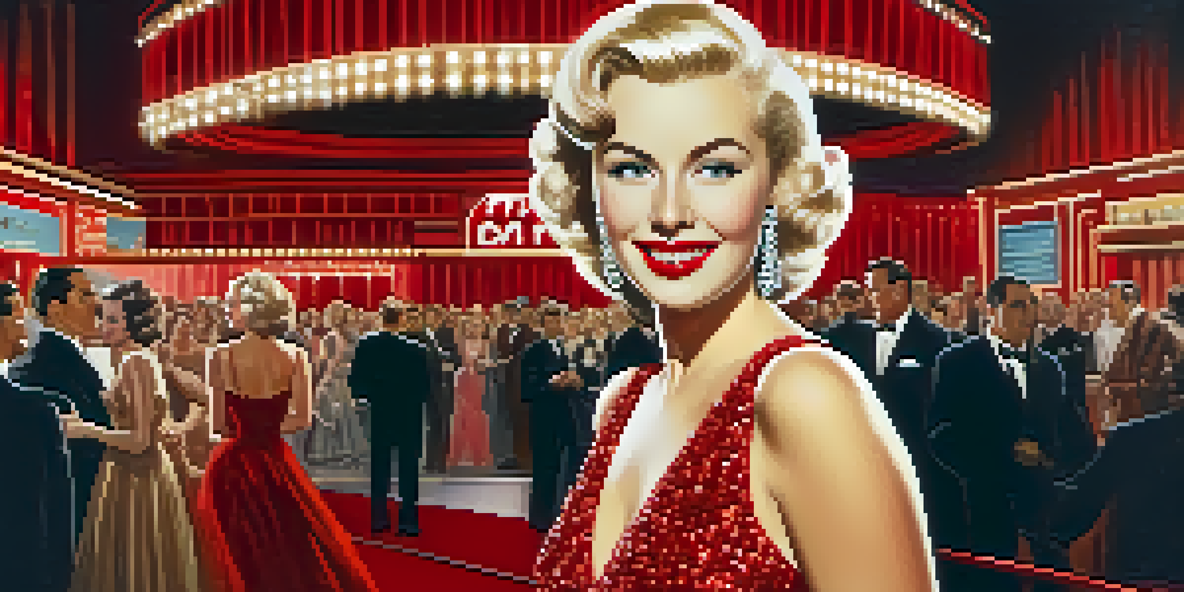 A glamorous actress in a red dress stands on a red carpet with cameras flashing around her.