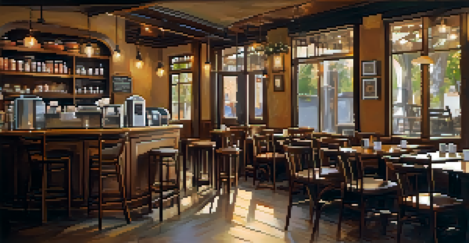 A cozy coffee shop interior with wooden furniture and warm lighting, showcasing coffee cups on tables.