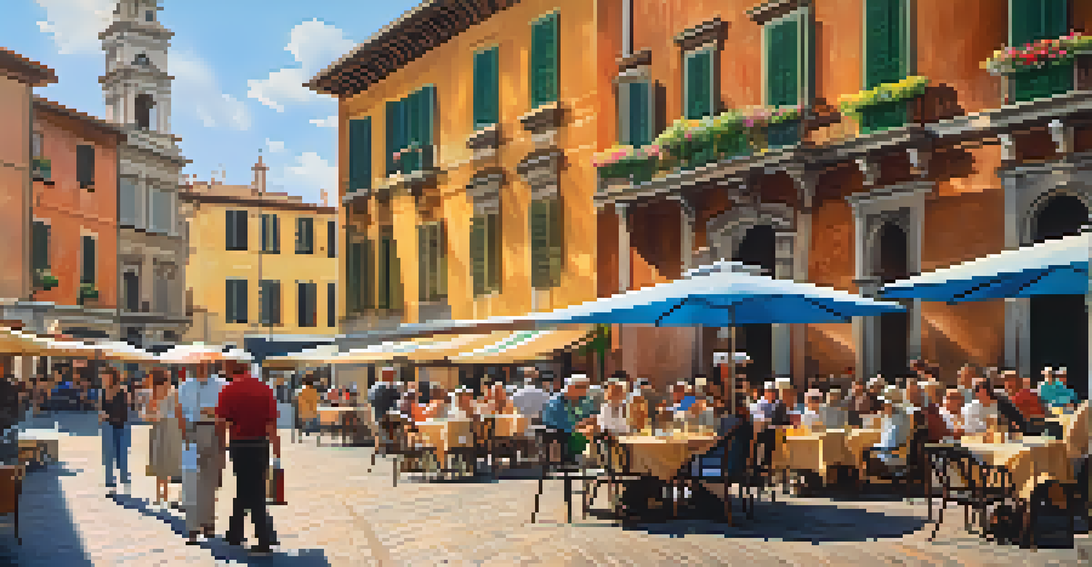 Outdoor café in an Italian piazza with locals and tourists enjoying coffee, colorful umbrellas, and historical architecture in the background.